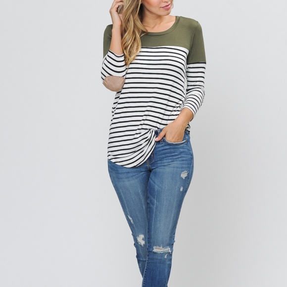 3/4 SLEEVE COLOR BLOCK TOP WITH ELBOW PATCH - Picture 2 of 7